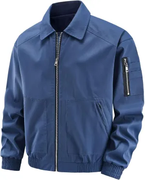 Bomber Jacket for Men Zip Up Lightweight Windbreaker Casual Long Sleeve Lapel Neck Outwear Cargo Coats with Pockets