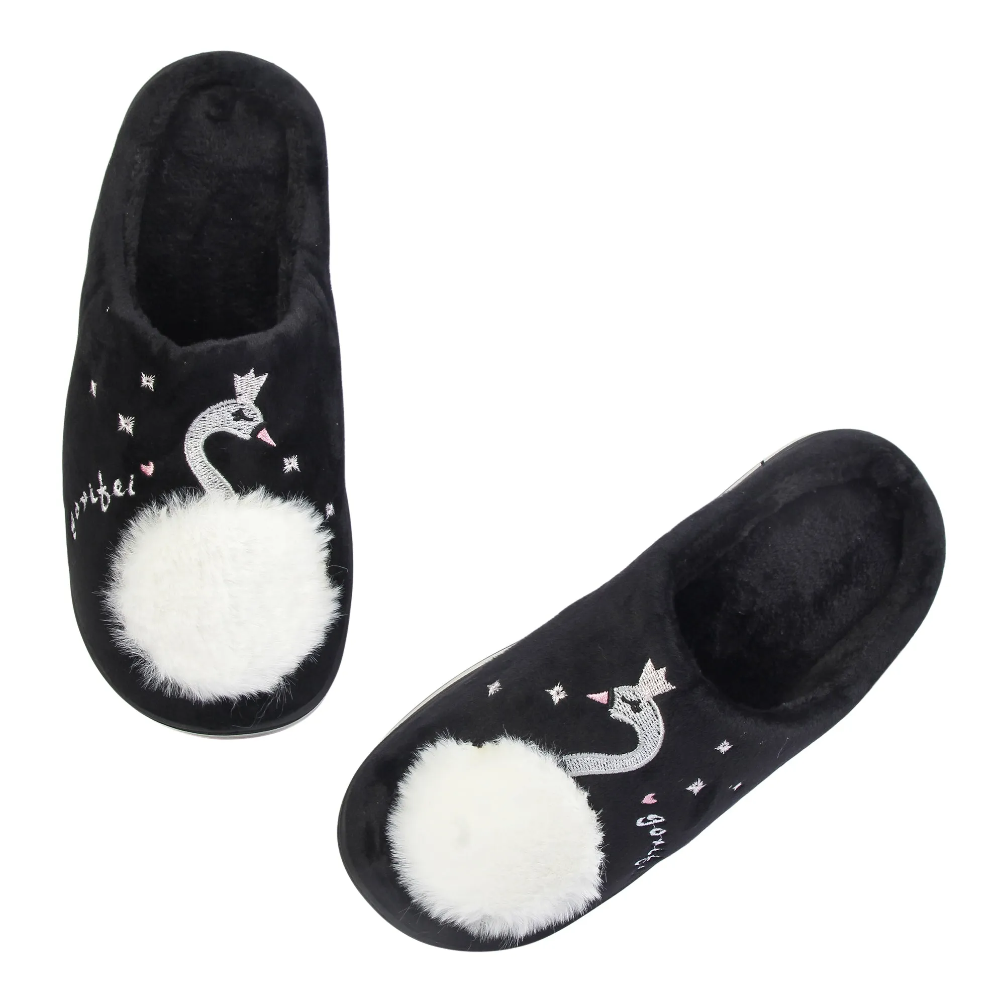 Brauch Women's Black Fur Swan Winter Slippers