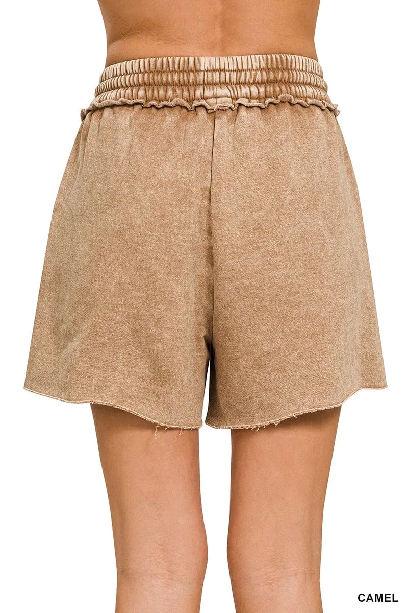 Camel Acid Wash Fleece Drawstring Shorts