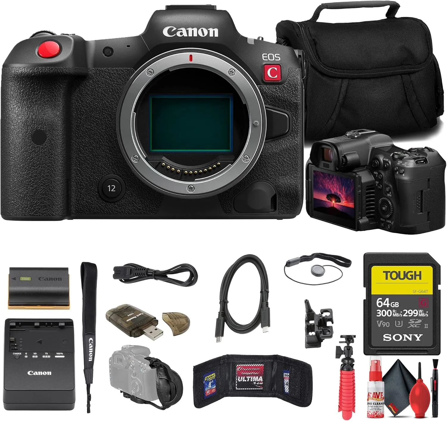 Canon EOS R5 C Mirrorless Cinema Camera (5077C002)   Sony 64GB Tough SD Card   Bag   Card Reader   Flex Tripod   Hand Strap   Memory Wallet   Cap Keeper   Cleaning Kit (Renewed)