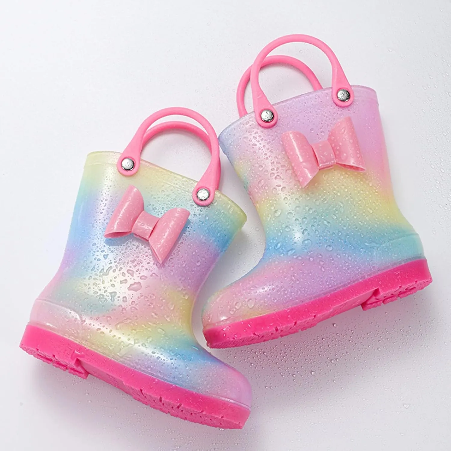 Children Rain Boots Colourful Bowknot Waterproof Kids Rain Boots Boys Girls Infant Rubber Rainboots with Handle