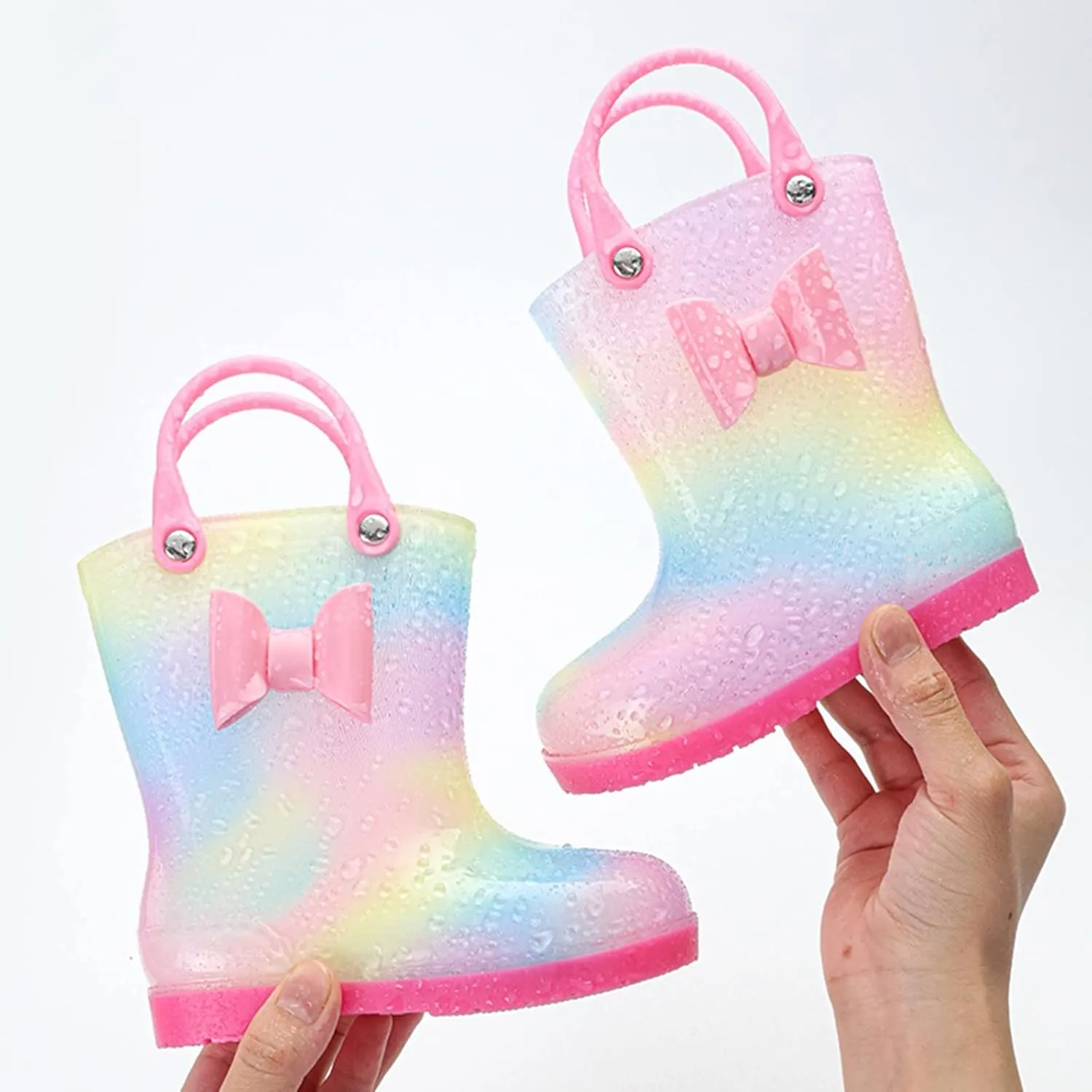 Children Rain Boots Colourful Bowknot Waterproof Kids Rain Boots Boys Girls Infant Rubber Rainboots with Handle