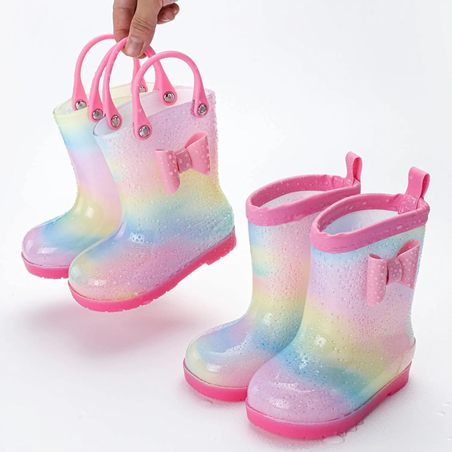 Children Rain Boots Colourful Bowknot Waterproof Kids Rain Boots Boys Girls Infant Rubber Rainboots with Handle