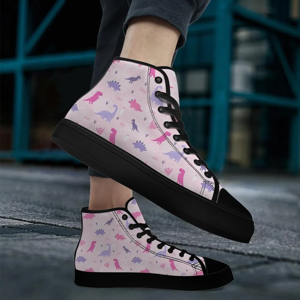 Dinosaur High Top Canvas Shoes for Men Women Cartoon Dinosaur Print High Top Sneakers Lace Up Casual Shoes Gifts for Boys Girls