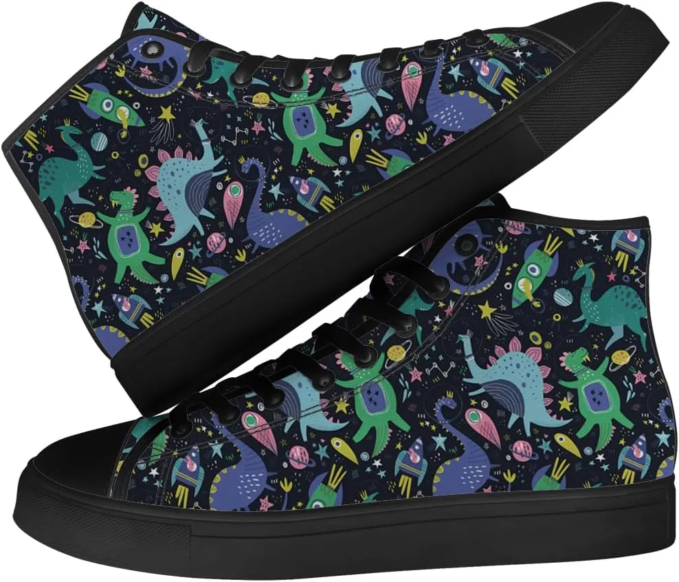 Dinosaur High Top Canvas Shoes for Men Women Cartoon Dinosaur Print High Top Sneakers Lace Up Casual Shoes Gifts for Boys Girls