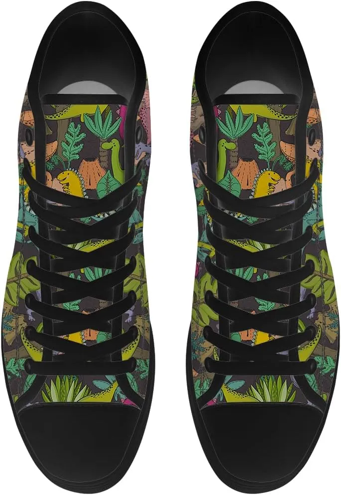 Dinosaur High Top Canvas Shoes for Men Women Cartoon Dinosaur Print High Top Sneakers Lace Up Casual Shoes Gifts for Boys Girls
