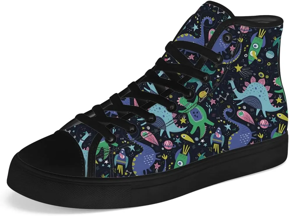 Dinosaur High Top Canvas Shoes for Men Women Cartoon Dinosaur Print High Top Sneakers Lace Up Casual Shoes Gifts for Boys Girls