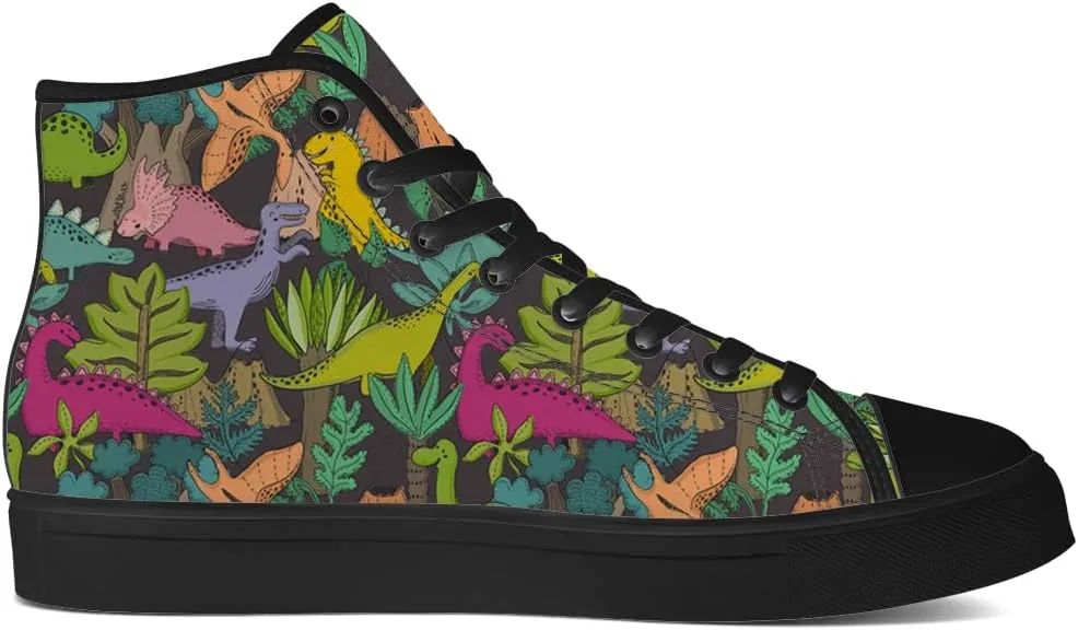 Dinosaur High Top Canvas Shoes for Men Women Cartoon Dinosaur Print High Top Sneakers Lace Up Casual Shoes Gifts for Boys Girls