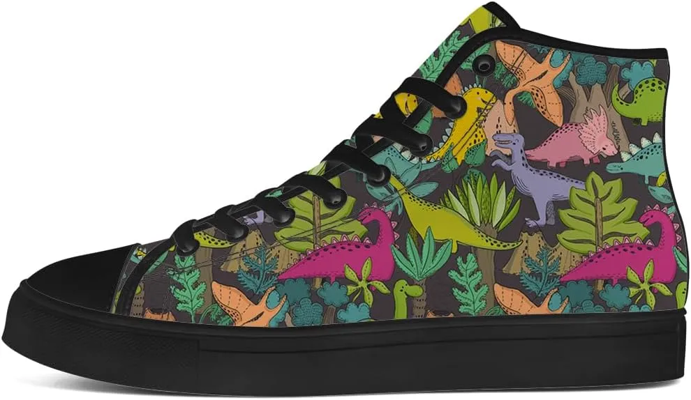 Dinosaur High Top Canvas Shoes for Men Women Cartoon Dinosaur Print High Top Sneakers Lace Up Casual Shoes Gifts for Boys Girls