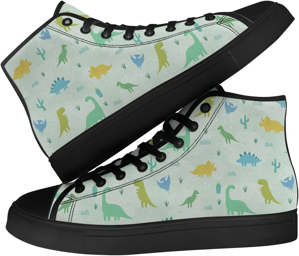 Dinosaur High Top Canvas Shoes for Men Women Cartoon Dinosaur Print High Top Sneakers Lace Up Casual Shoes Gifts for Boys Girls
