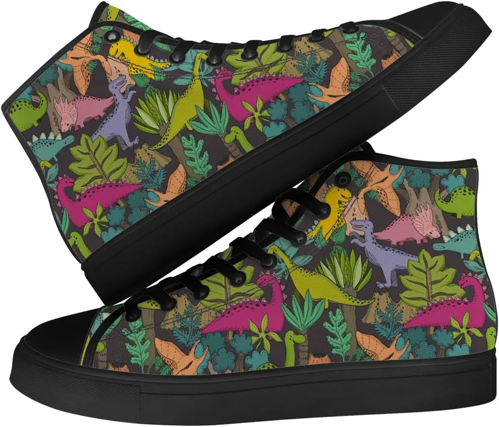 Dinosaur High Top Canvas Shoes for Men Women Cartoon Dinosaur Print High Top Sneakers Lace Up Casual Shoes Gifts for Boys Girls