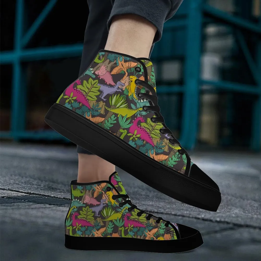 Dinosaur High Top Canvas Shoes for Men Women Cartoon Dinosaur Print High Top Sneakers Lace Up Casual Shoes Gifts for Boys Girls