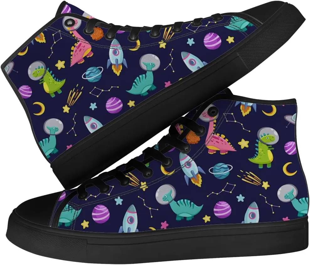 Dinosaur High Top Canvas Shoes for Men Women Cartoon Dinosaur Print High Top Sneakers Lace Up Casual Shoes Gifts for Boys Girls
