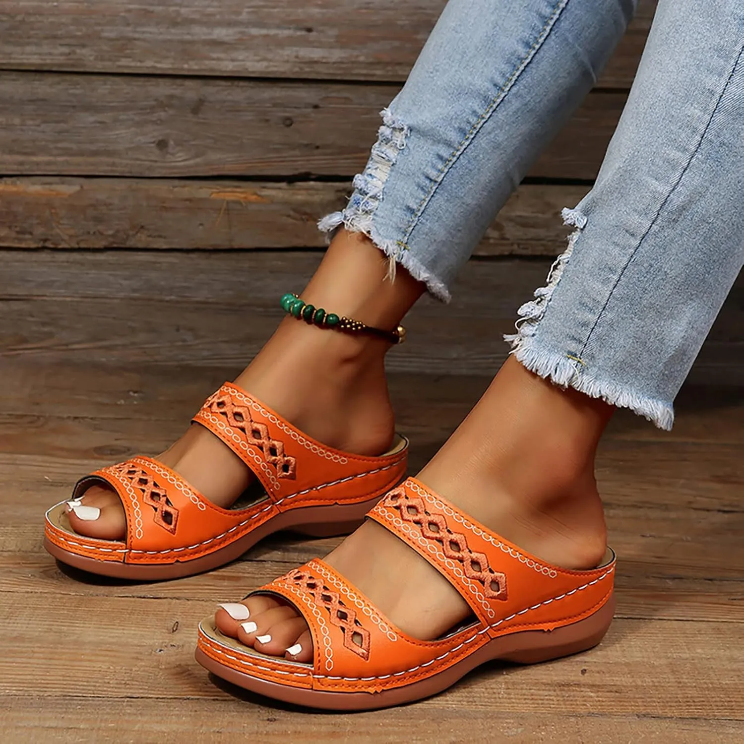 Eduavar Women's Brown Leather Open Toe Wedge Sandals with Arch Support