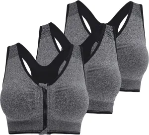 Fapreit Women's Zip Front Closure Sports Bra - Seamless Wirefree Post Surgery Zipper Padded Racerback Workout Gym Yoga Bras