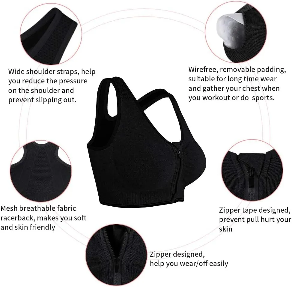 Fapreit Women's Zip Front Closure Sports Bra - Seamless Wirefree Post Surgery Zipper Padded Racerback Workout Gym Yoga Bras
