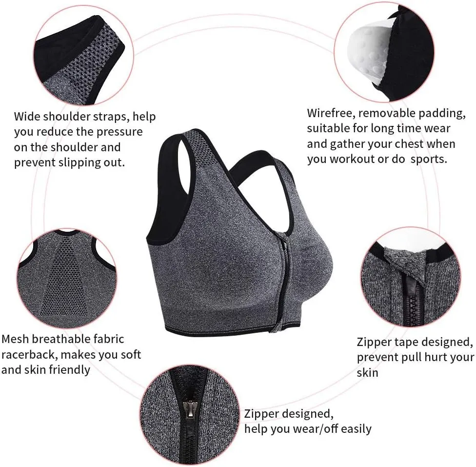 Fapreit Women's Zip Front Closure Sports Bra - Seamless Wirefree Post Surgery Zipper Padded Racerback Workout Gym Yoga Bras