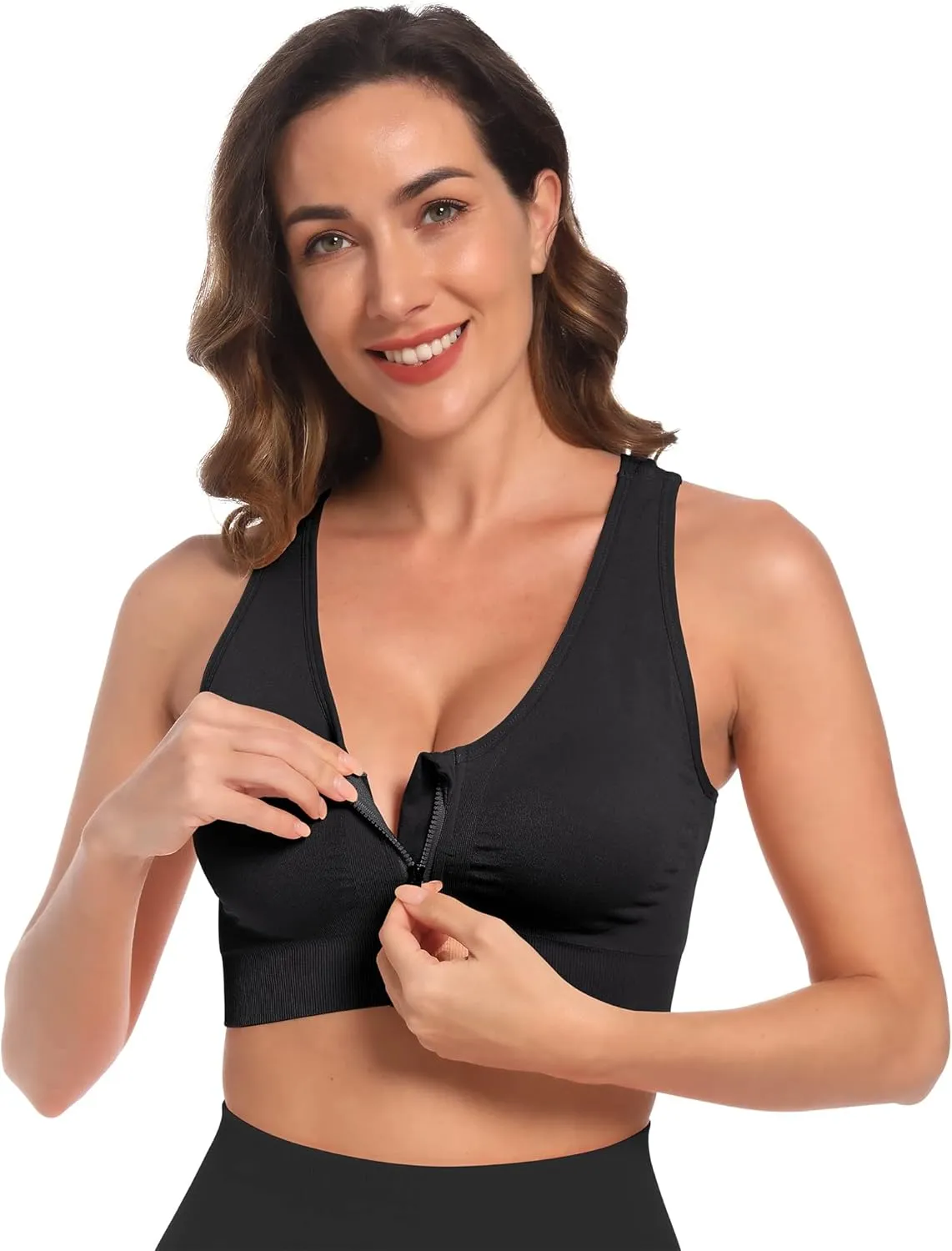 Fapreit Women's Zip Front Closure Sports Bra - Seamless Wirefree Post Surgery Zipper Padded Racerback Workout Gym Yoga Bras