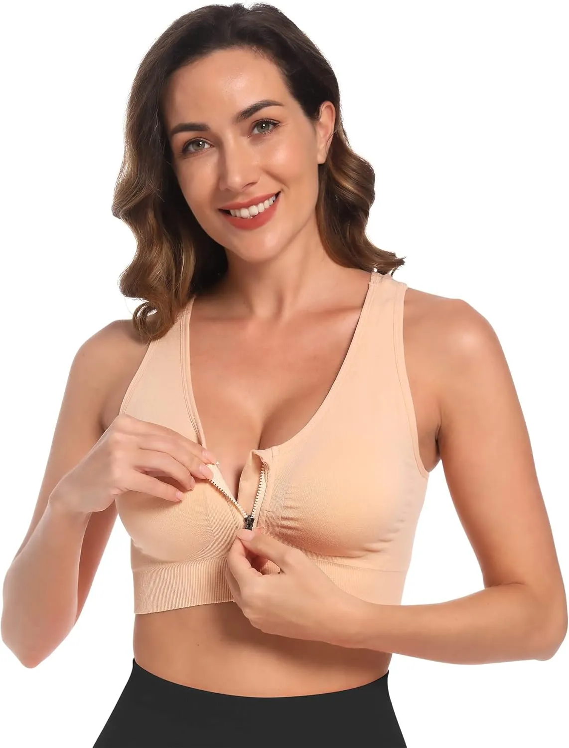 Fapreit Women's Zip Front Closure Sports Bra - Seamless Wirefree Post Surgery Zipper Padded Racerback Workout Gym Yoga Bras