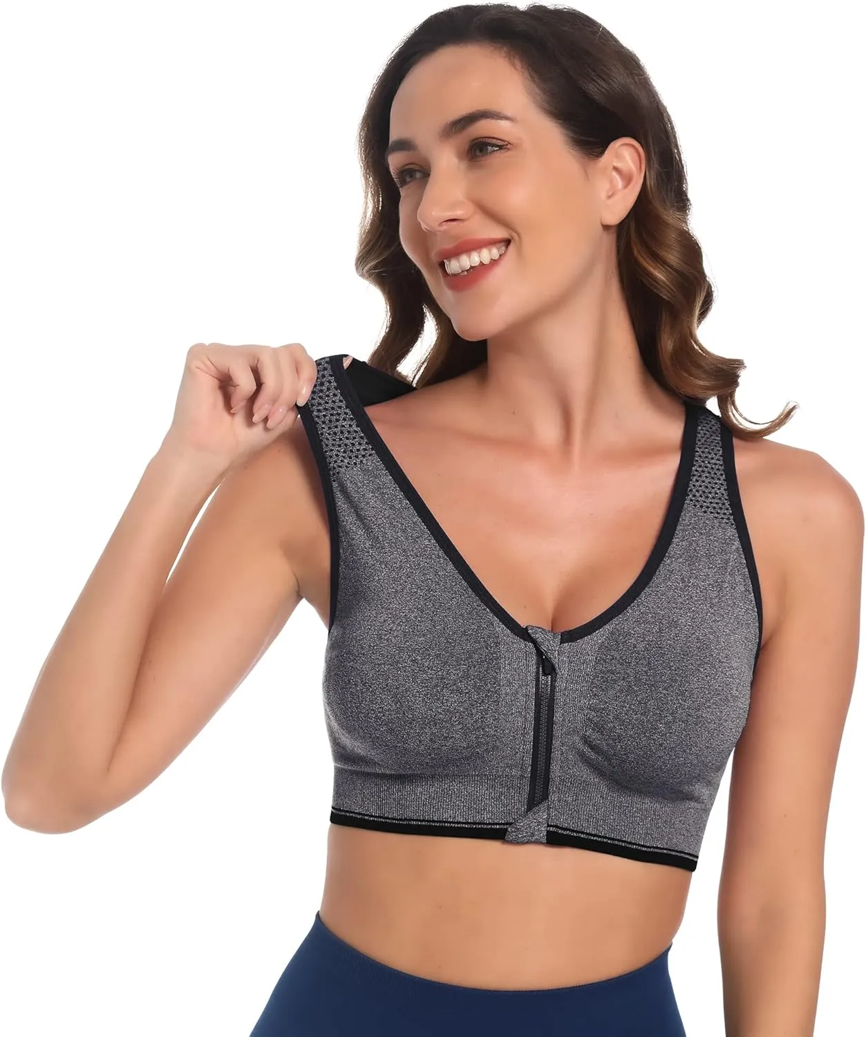 Fapreit Women's Zip Front Closure Sports Bra - Seamless Wirefree Post Surgery Zipper Padded Racerback Workout Gym Yoga Bras