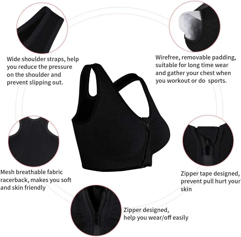 Fapreit Women's Zip Front Closure Sports Bra - Seamless Wirefree Post Surgery Zipper Padded Racerback Workout Gym Yoga Bras