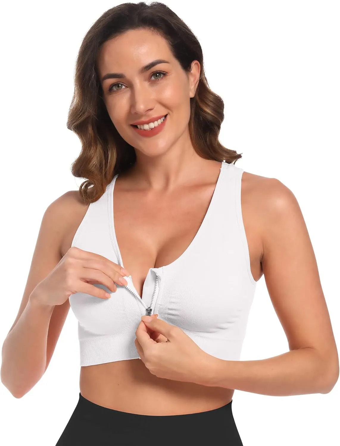 Fapreit Women's Zip Front Closure Sports Bra - Seamless Wirefree Post Surgery Zipper Padded Racerback Workout Gym Yoga Bras
