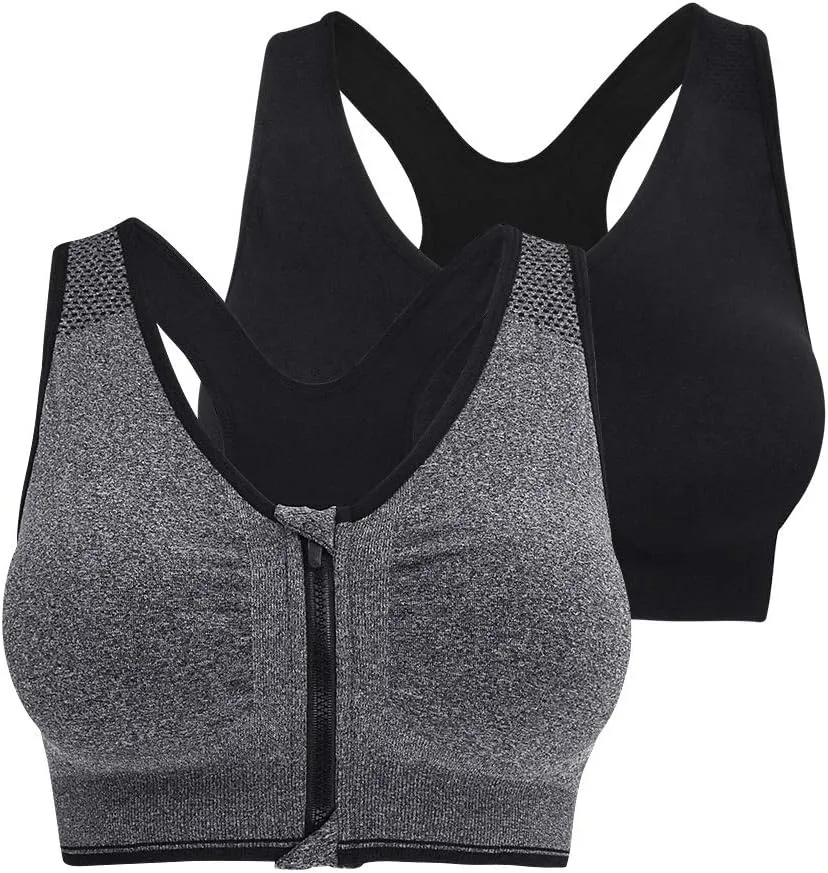 Fapreit Women's Zip Front Closure Sports Bra - Seamless Wirefree Post Surgery Zipper Padded Racerback Workout Gym Yoga Bras