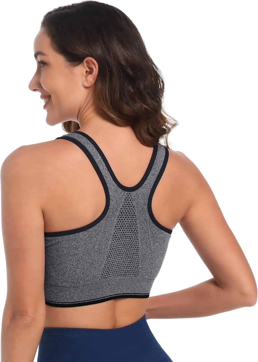 Fapreit Women's Zip Front Closure Sports Bra - Seamless Wirefree Post Surgery Zipper Padded Racerback Workout Gym Yoga Bras
