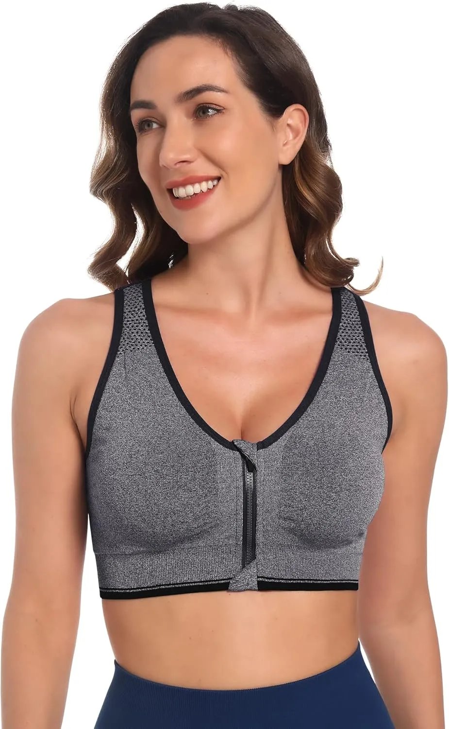 Fapreit Women's Zip Front Closure Sports Bra - Seamless Wirefree Post Surgery Zipper Padded Racerback Workout Gym Yoga Bras