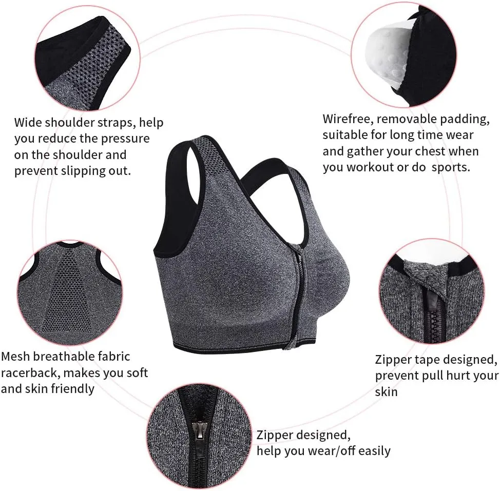 Fapreit Women's Zip Front Closure Sports Bra - Seamless Wirefree Post Surgery Zipper Padded Racerback Workout Gym Yoga Bras