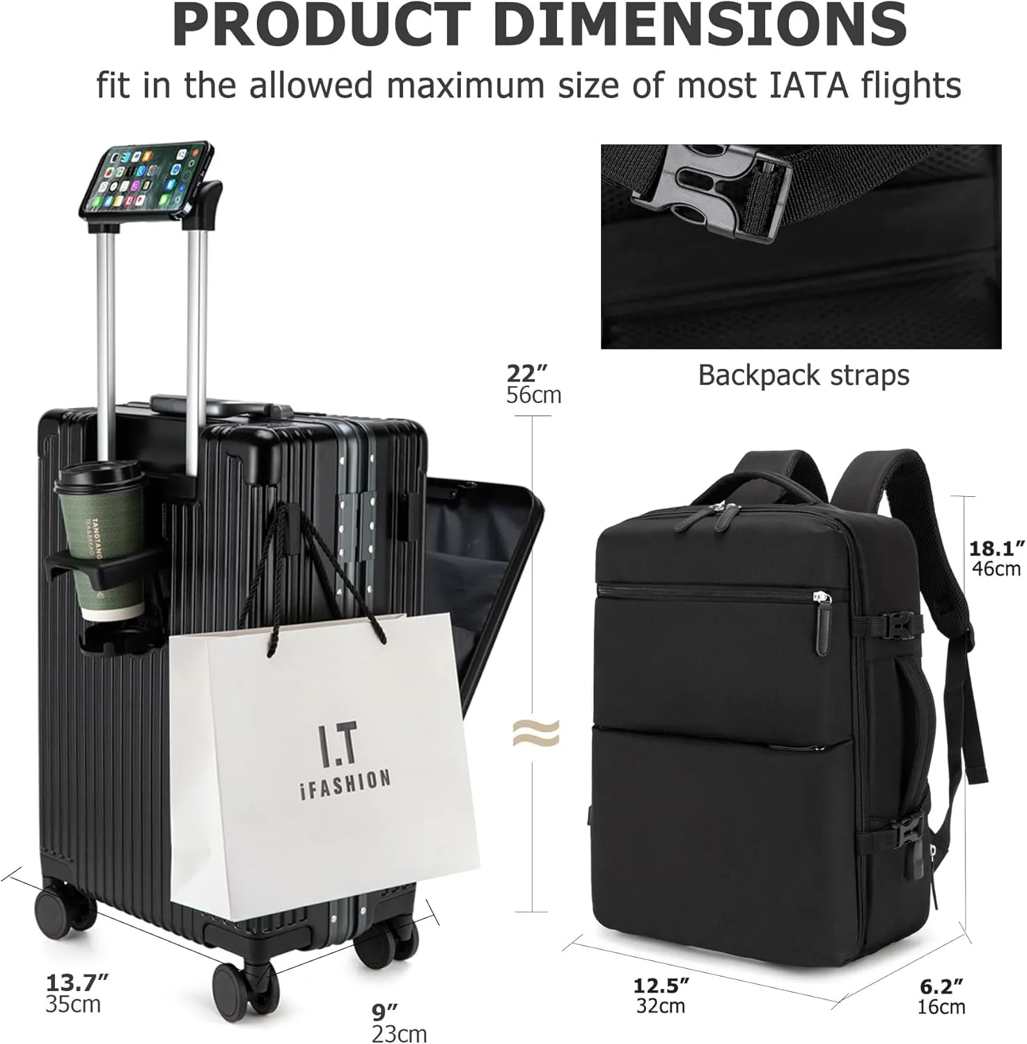 feilario 2 Piece Set 20in Aluminium Frame Hardside Spinner Wheel Luggage, Built-In TSA lock Carry on Suitcase with Cup Holder & Phone Holder