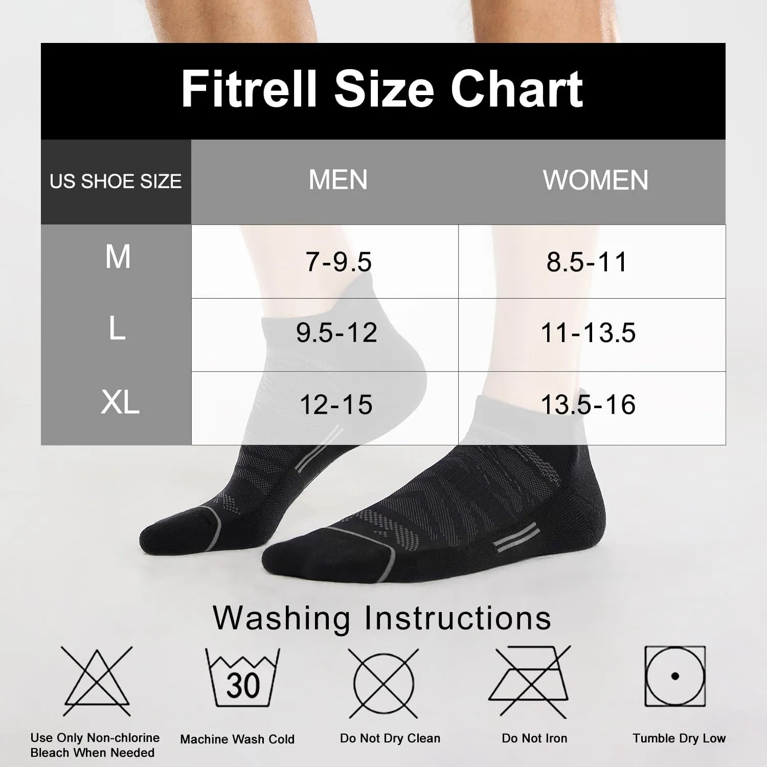 FITRELL 6 Pack Men's Ankle Running Socks Low Cut Cushioned Athletic Sports Socks 7-9/9-12/12-15