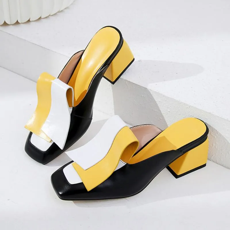 Genuine Leather Panel Color Block Daily Muller Slippers