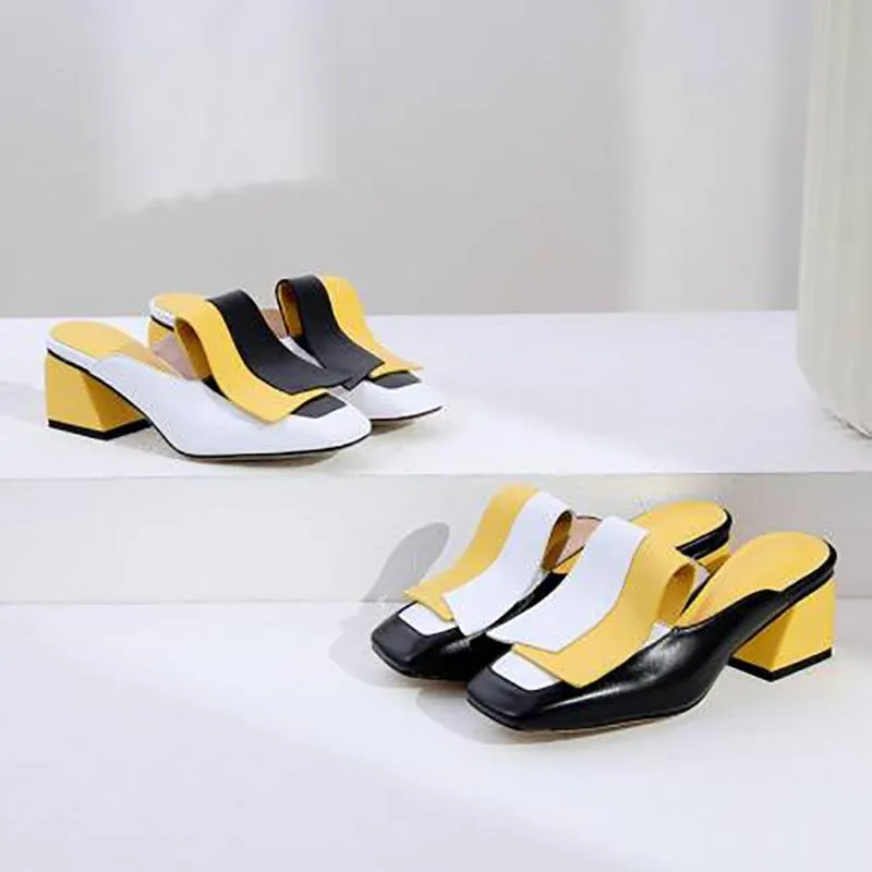 Genuine Leather Panel Color Block Daily Muller Slippers