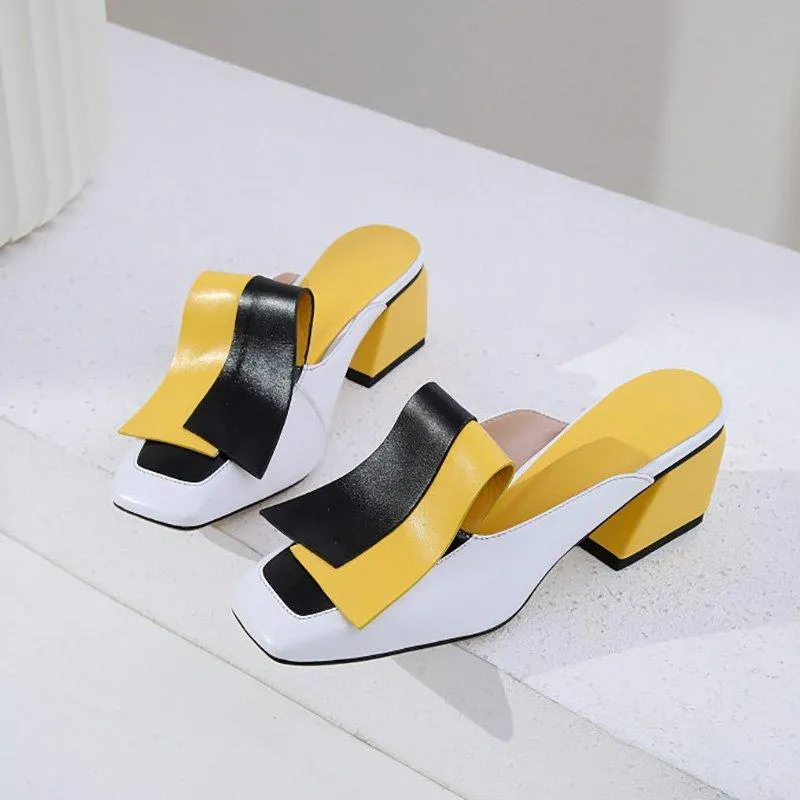 Genuine Leather Panel Color Block Daily Muller Slippers