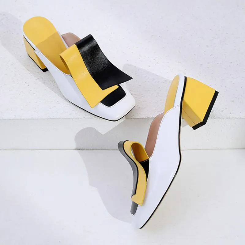Genuine Leather Panel Color Block Daily Muller Slippers
