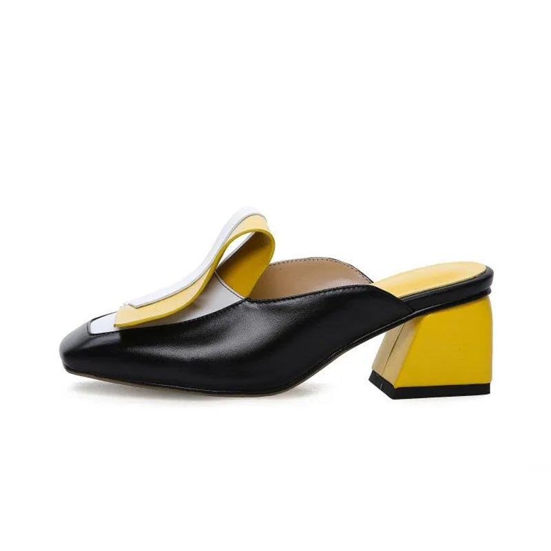 Genuine Leather Panel Color Block Daily Muller Slippers