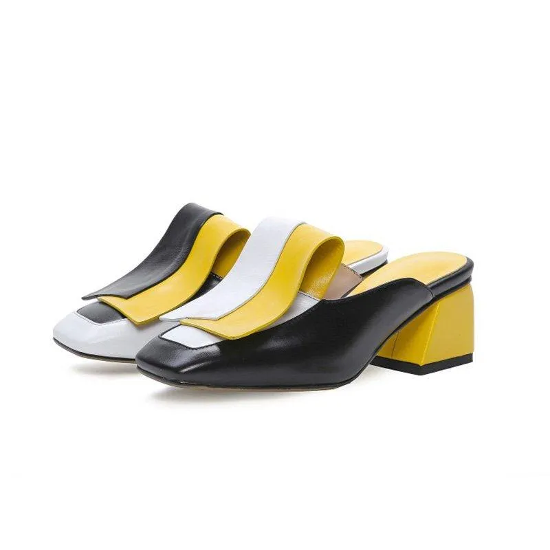 Genuine Leather Panel Color Block Daily Muller Slippers
