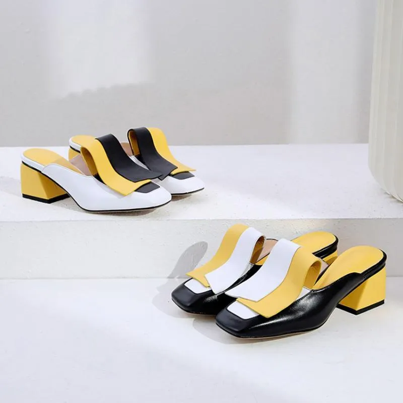 Genuine Leather Panel Color Block Daily Muller Slippers