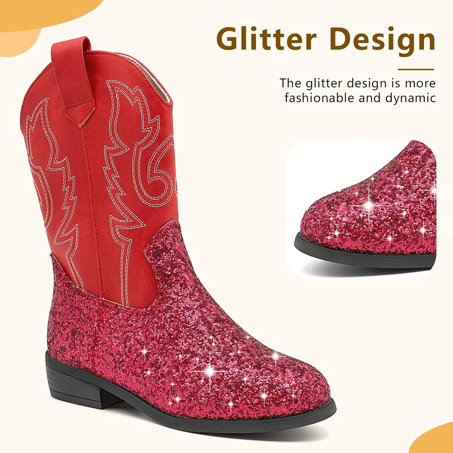 Girls Cowboy Boots Kids Embroidered Square Toe Mid Calf Glitter Western Cowgirl Boot Side Zipper Shoes