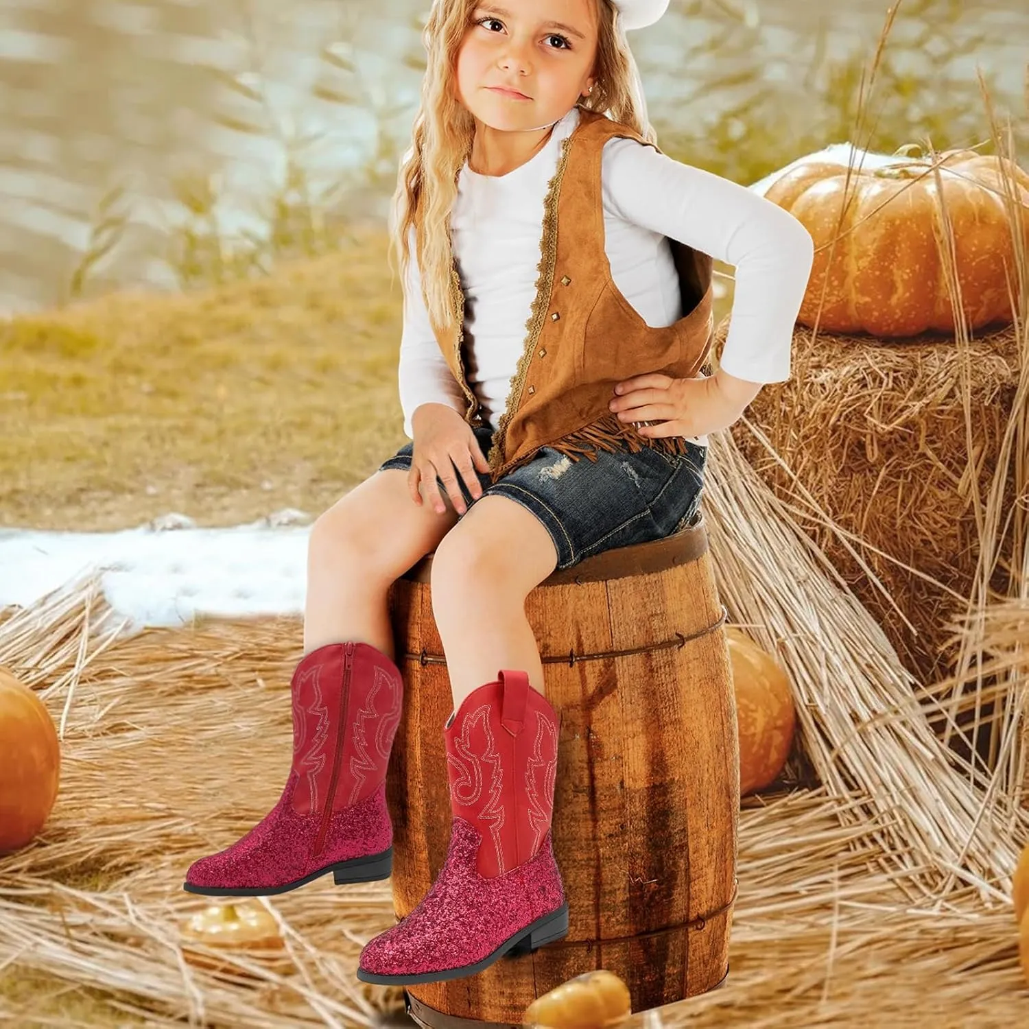 Girls Cowboy Boots Kids Embroidered Square Toe Mid Calf Glitter Western Cowgirl Boot Side Zipper Shoes