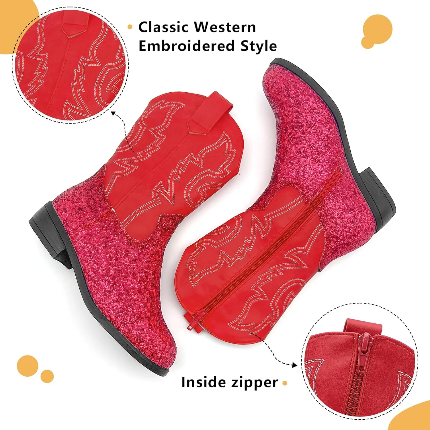 Girls Cowboy Boots Kids Embroidered Square Toe Mid Calf Glitter Western Cowgirl Boot Side Zipper Shoes