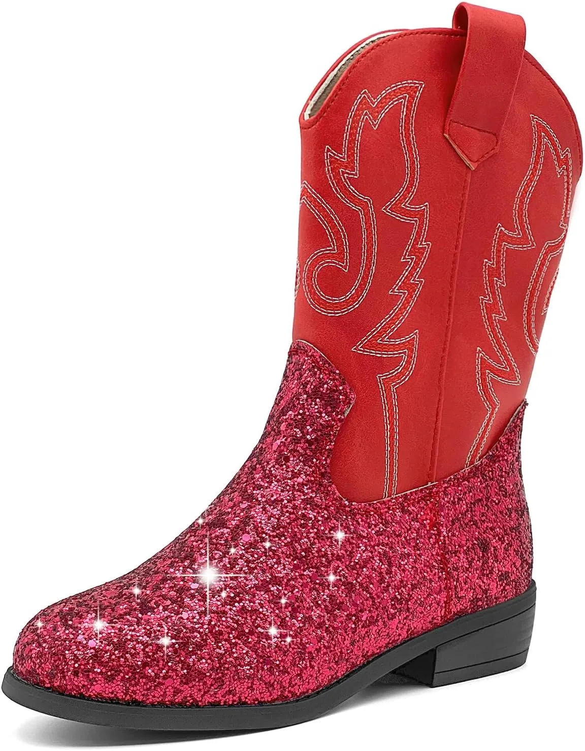Girls Cowboy Boots Kids Embroidered Square Toe Mid Calf Glitter Western Cowgirl Boot Side Zipper Shoes