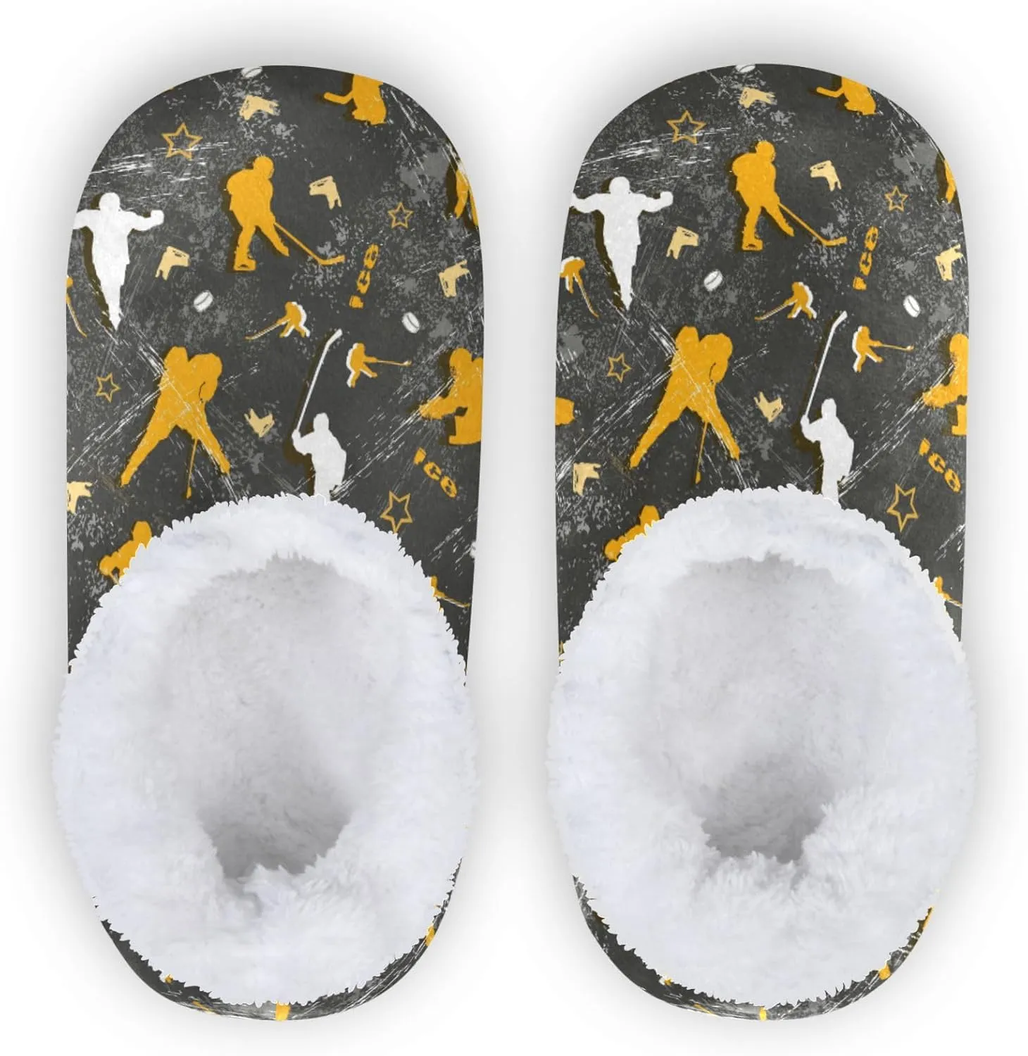Gredecor Girls Boys Slippers Yellow Gray Gold Hockey Players Skates Household Shoes Warm Indoor Home House Slipper for Kids, 9-11