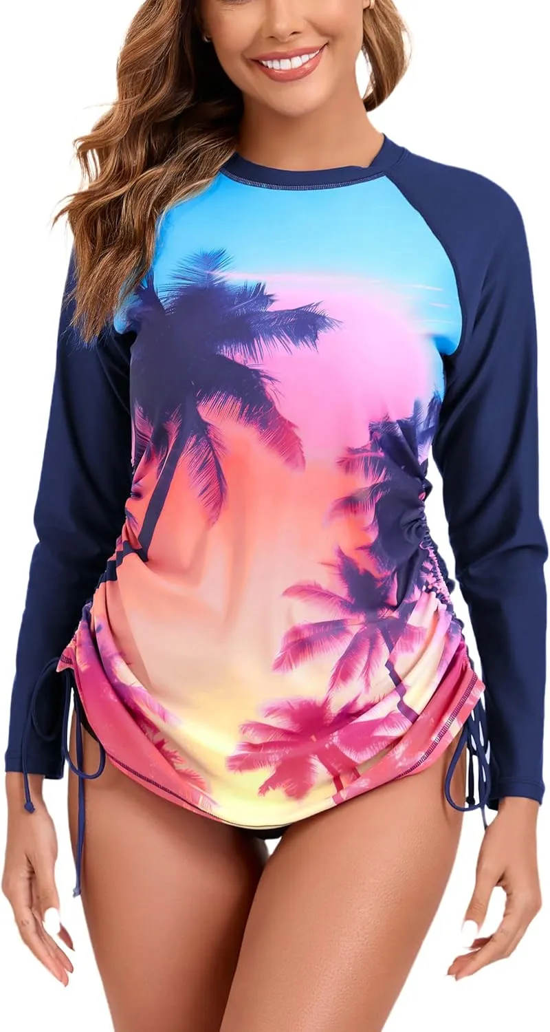 Halcurt Women's long Sleeve Rash Guard Ruched Side Drawstring Adjustable Swim Shirt UPF50 Quick Dry Swimsuit Top