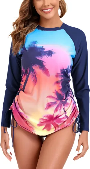 Halcurt Women's long Sleeve Rash Guard Ruched Side Drawstring Adjustable Swim Shirt UPF50 Quick Dry Swimsuit Top