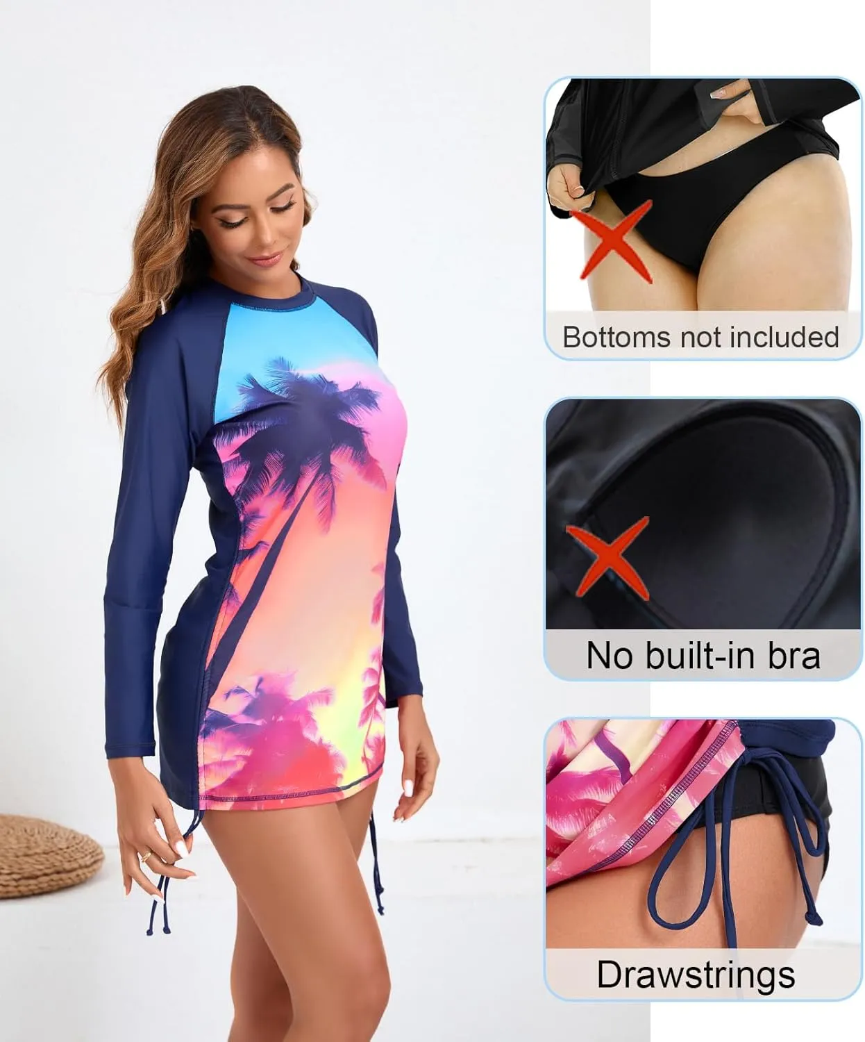 Halcurt Women's long Sleeve Rash Guard Ruched Side Drawstring Adjustable Swim Shirt UPF50 Quick Dry Swimsuit Top