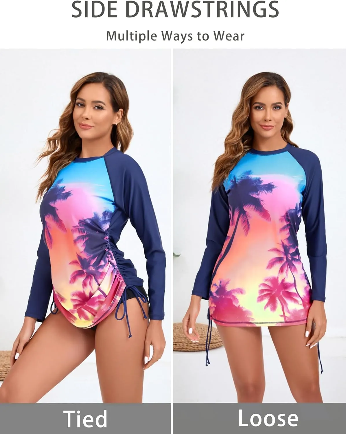 Halcurt Women's long Sleeve Rash Guard Ruched Side Drawstring Adjustable Swim Shirt UPF50 Quick Dry Swimsuit Top