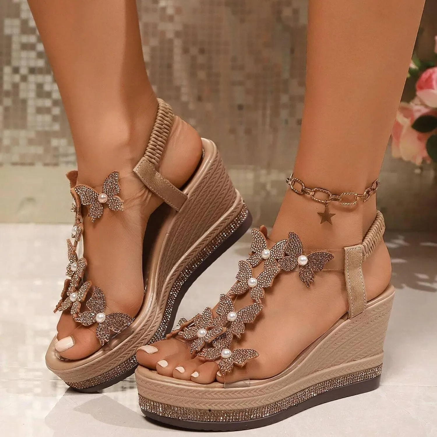 Hbeylia Women's High Wedge Heels Summer Dressy Platform Sandals Elastic Ankle Strap Open Toe Rhinestones Butterfly Shoes for Women 2025 Comfortable Walking Slip On Dress Beach Wedding Sandals