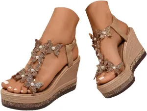 Hbeylia Women's High Wedge Heels Summer Dressy Platform Sandals Elastic Ankle Strap Open Toe Rhinestones Butterfly Shoes for Women 2025 Comfortable Walking Slip On Dress Beach Wedding Sandals